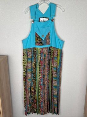 Dee’s Designs Overall Dress XL Boho Patchwork Maxi Jumper Dress Blue Turquoise